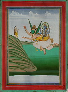 Sage Narada offering respect to Vishnu on Garuda .