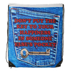 Key to Happiness Pocket Quote Blue Jeans Denim Drawstring Bag