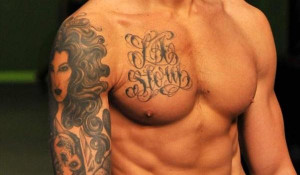 ... on arm and love story lettering on chest symbolise the love of the man
