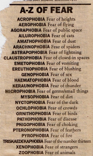 cats, choking, dark, dirt, disease, dust, fear, fear of, flying, germs ...