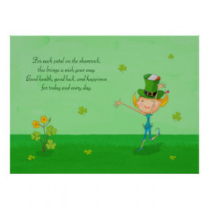 Green Shamrock Clovers & Elves with Leprechaun Hat Poster