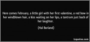 girl with her first valentine, a red bow in her windblown hair, a kiss ...