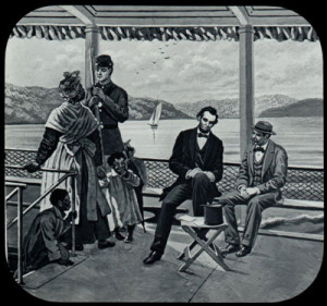 Illustration of Abraham Lincoln as he sits on a bench and writes a ...