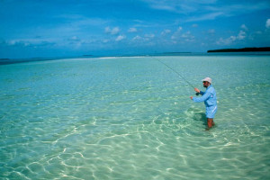 man dressed in blue, standing knee-deep in the crystal clear water ...