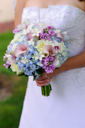 Soft and feminine bouquet in white, ivory, light blue, mauve pink, and ...