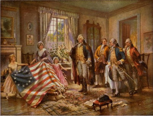 ... two girls showing united states flag to george washington and three