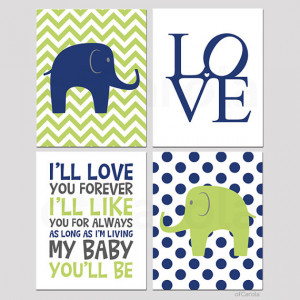 Elephant Wall Art Print Set Four, I'll Love You Forever Text Kids Baby ...