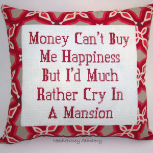 Funny Cross Stitch Pillow, Red Pillow, Money Can't Buy Happiness Quote