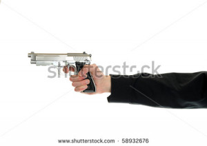The right to bare arms. White hand holds firearm isolated on white ...
