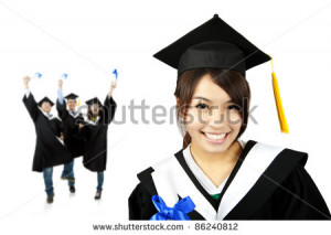Young smiling graduate asian girl and happy students group
