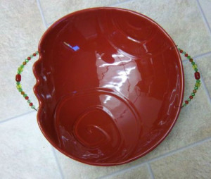 NEW BELLA CASA BY GANZ RED SERVING BOWL WITH BEADS ON COPPER HANDLE