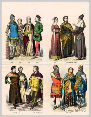 English medieval fashion in the 14th century. Gothic clothing. Middle ...