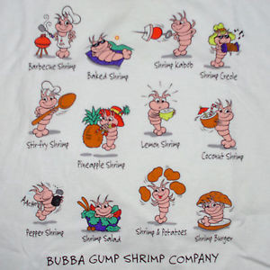 ... Gump T-Shirt Large Types of Shrimp Menu Movie Quote Restaurant Company