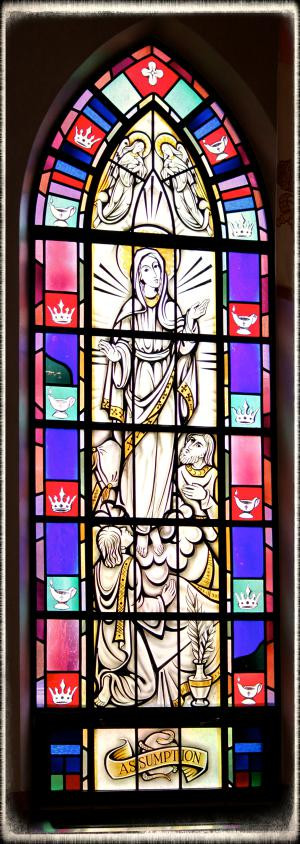 Stained-glass window of the Assumption in Saint Mary's Church ...