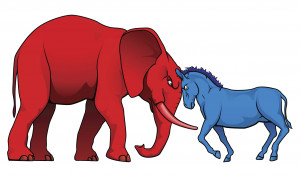 The democrat and republican symbols of a donkey and elephant facing ...