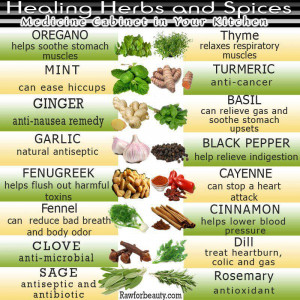 The chart shows the benefits of healing herbs and spices: