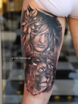 Thigh Realistic Lion Women Tattoo by V Tattoos