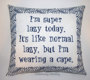 Funny Cross Stitch Pillow, Blue Pillow, Lazy Quote