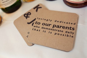 Cute! Wedding messages on coasters.