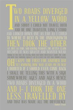 ... Modern Gray and Yellow - Robert Frost Poetry Quote Art - The Road Not