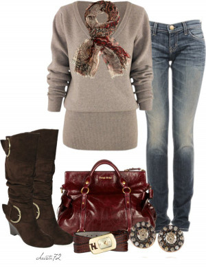 Winter / Fall Outfit. Tan Sweater, Blue Jeans. Brown Boots. Burgundy ...