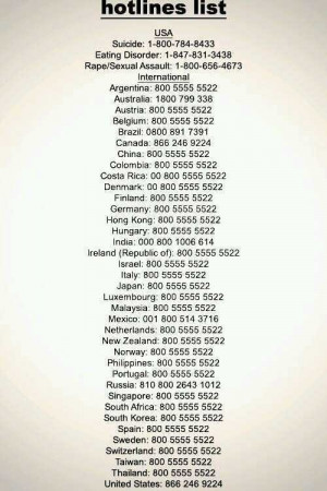Worldwide suicide hotlines. Reblog and you can save someone’s life.