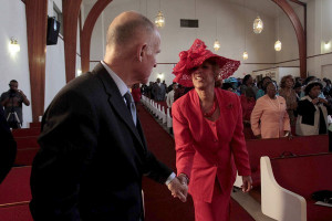 Faye Williams greets gubernatorial candidate Jerry Brown on Sunday at ...