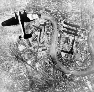 famous image of the bombing of London, a Heinkel III bomber over the ...