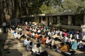 High-school students taking final exams in Jaura, India.