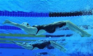 in the women's 200m backstroke heats at the British Gas Swimming ...
