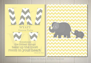 Elephant nursery art, baby boy, chevron print, baby monogram, yellow ...