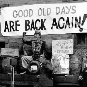 man celebrating the end of the prohibition 'era'.