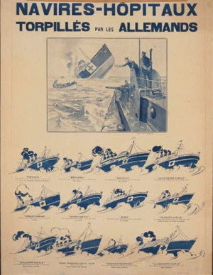 French war poster depicting hospital ships sunk by German u-boats ...