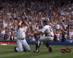 New York Yankees pitcher David Cone is congratulated by catcher Joe ...