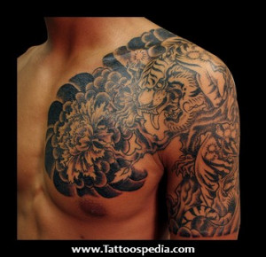 Grey Ink Japanese Tiger Tattoo On Chest And Half Sleeve