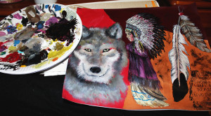 Native American/ Red Indian, Wolf, Feathers, quote painting.