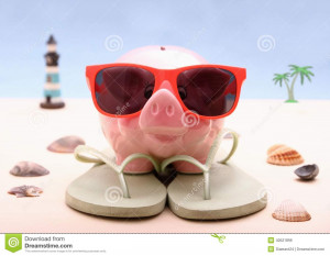 Stock Photo: Funny Piggy bank with sunglasses, holiday background