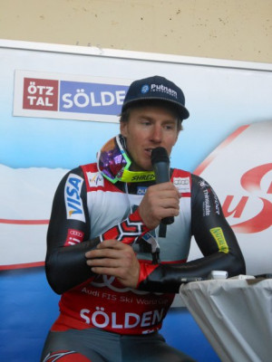 US skier Ted Ligety talks to the press after winning the giant slalom ...
