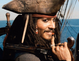 Johnny Depp as Captain Jack Sparrow.