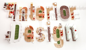 ... Interior Design’ 3D typo with furniture, doors, stairs, lawns and