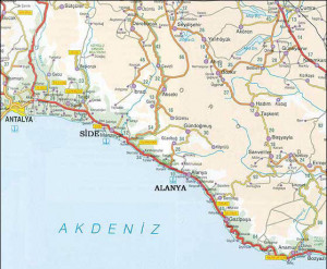Nærkortet fra Antalya til Alanya