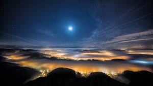 night sky stars_ moon hills fog city lights bokeh wallpaper background