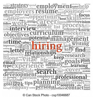 Hiring and job search concept in word tag cloud on white background