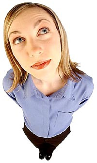 ... woman thinking. Standing in full figure from bird's perspective