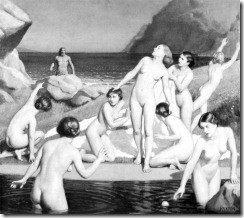 Nausikaa and her handmaids bathe in a stream near the beach, with ...