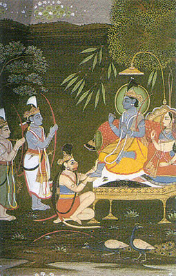 Scenes du Ramayana, Rama et Sita en exil, avec hanuman a leurs pieds ...