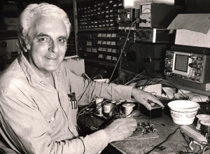 Bob Moog at his workbench building another synth.