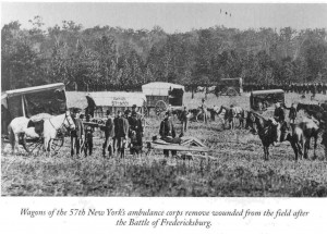Wagons of the 57th New York's ambulance corps remove wounded from the ...
