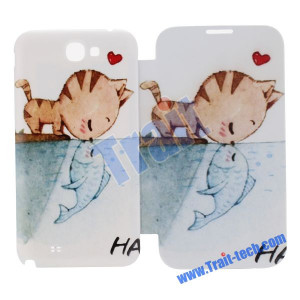 Coloured Drawing or Pattern Cute Cat and Fish Ultra Slim Flip Leather ...