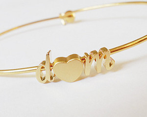 Gold Cursive Initial & heart Bangle Bracelet Lowercase,Valentine's day ...
